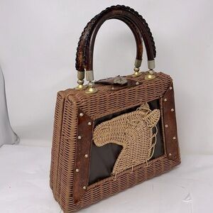 Vintage 1960s Equestrian Novelty Wicker and Leather Structured Handbag